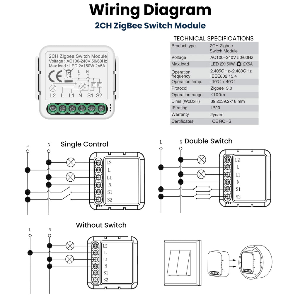 GIRIER Smart ZigBee Switch Module Neutral Wire Required 1/2/3/4CH Breaker Relay Supports 2-way Control Work Tuya Smart Alexa APP