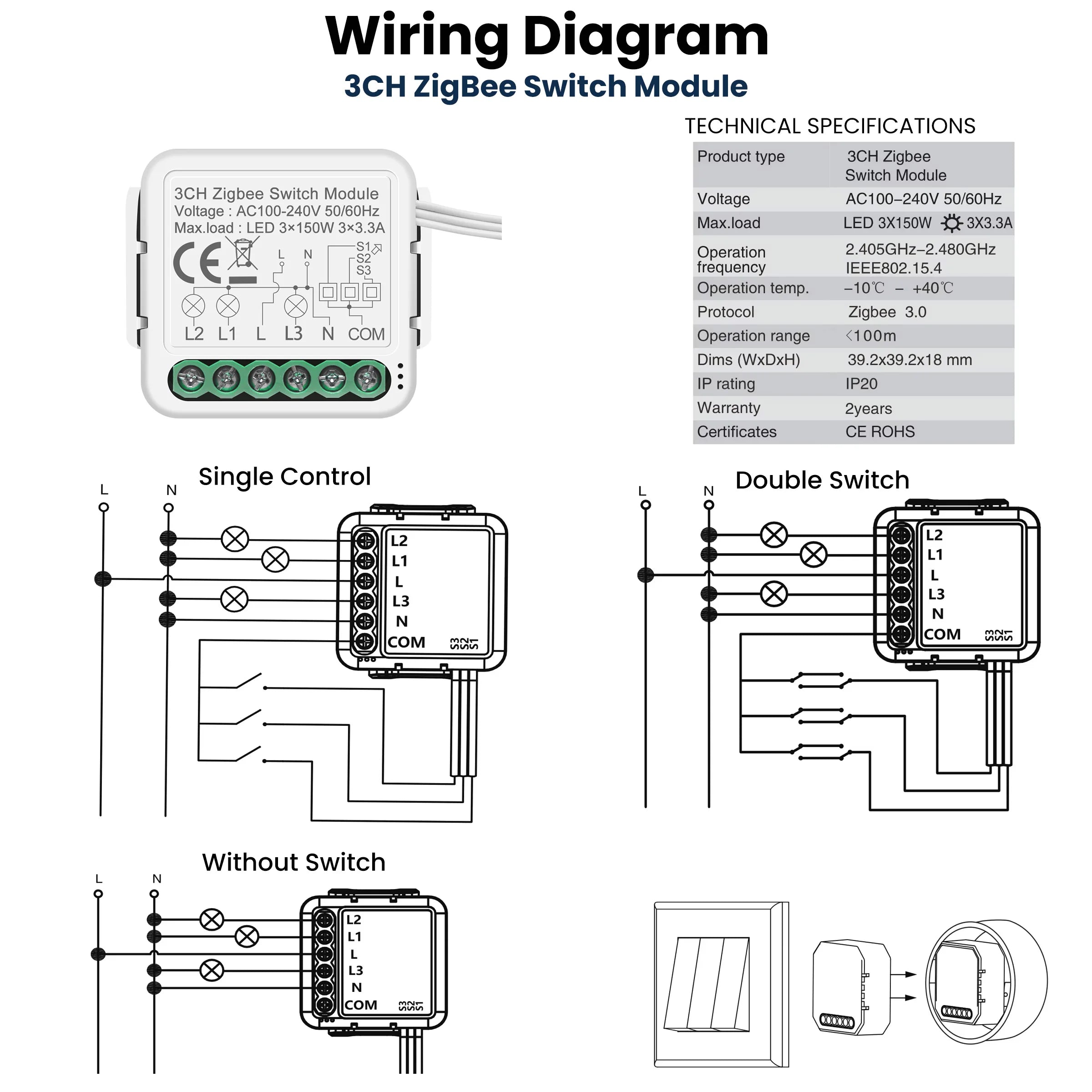 GIRIER Smart ZigBee Switch Module Neutral Wire Required 1/2/3/4CH Breaker Relay Supports 2-way Control Work Tuya Smart Alexa APP