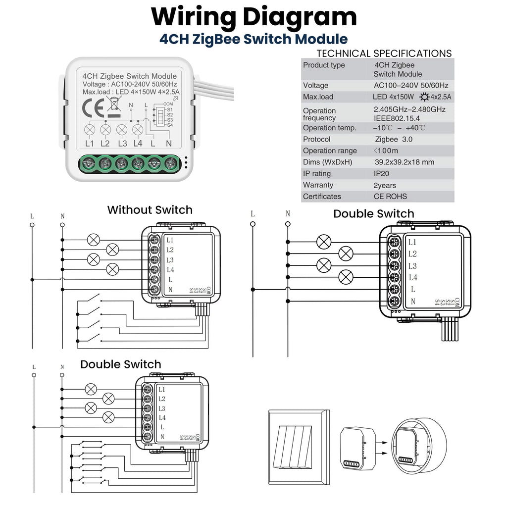 GIRIER Smart ZigBee Switch Module Neutral Wire Required 1/2/3/4CH Breaker Relay Supports 2-way Control Work Tuya Smart Alexa APP